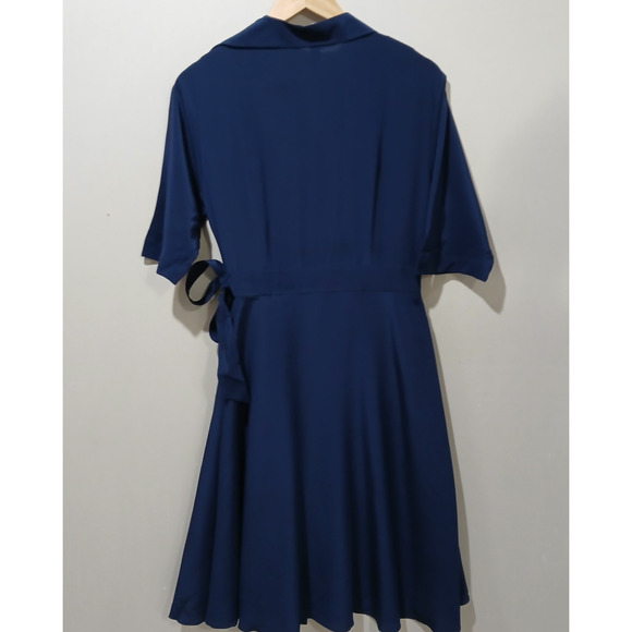 LILYSILK Dress Womens Small Navy Blue Silk Front Tie Wrap Midi Elbow Sleeve NWT - Picture 4 of 16